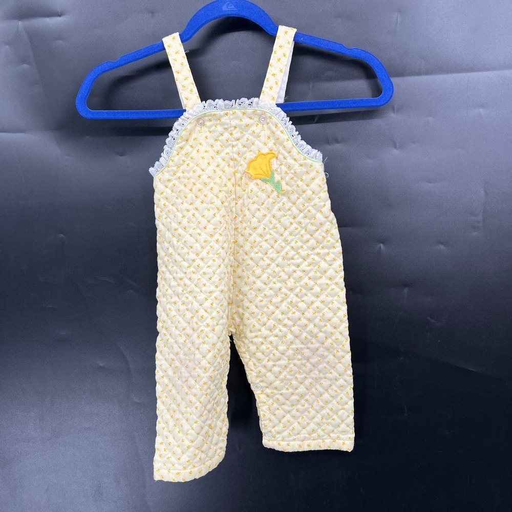 Vintage 70s 80s quilted overalls lace butter yellow floral  jumpsuit 18 months‎